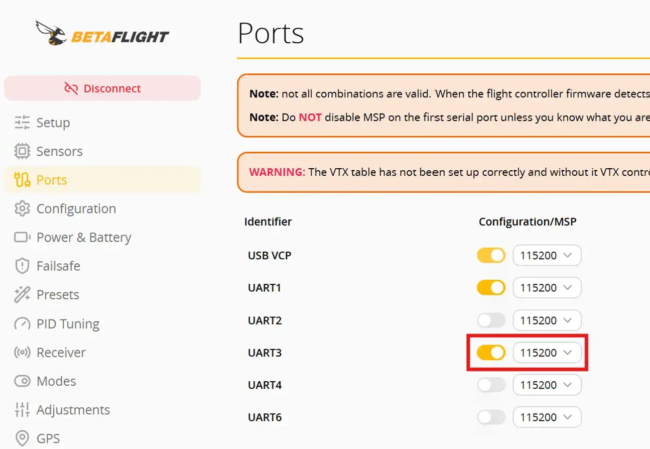 Ports tab setup